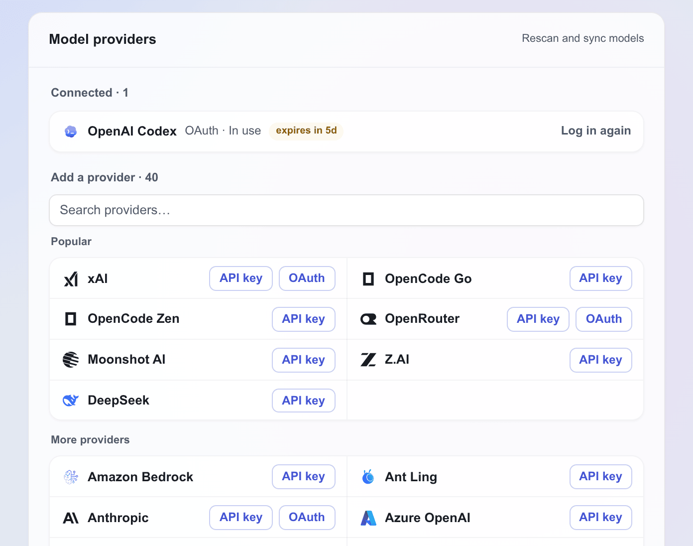 Model providers: a connected OpenAI Codex login and the catalog of providers to add with an API key or OAuth