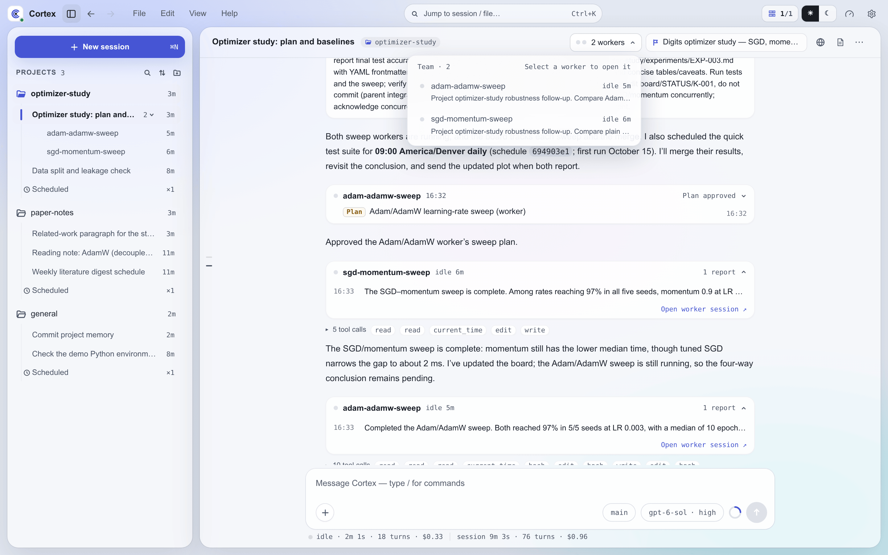 A lead session with its worker roster open, showing each worker's state and its latest report