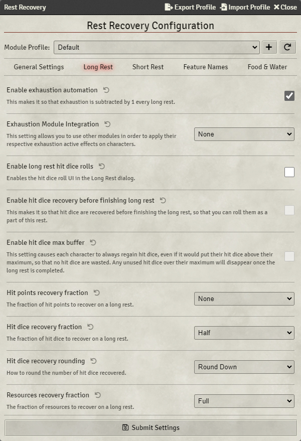 Image of the Rest Recovery 5e long rest settings