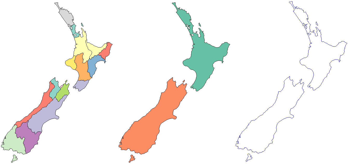 Regions of nz (left), nz polygons dissolved by island (middle),
nz polygons converted to lines
(right).