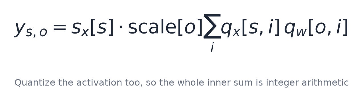 Quantize the activation too, and the inner sum is pure integer arithmetic