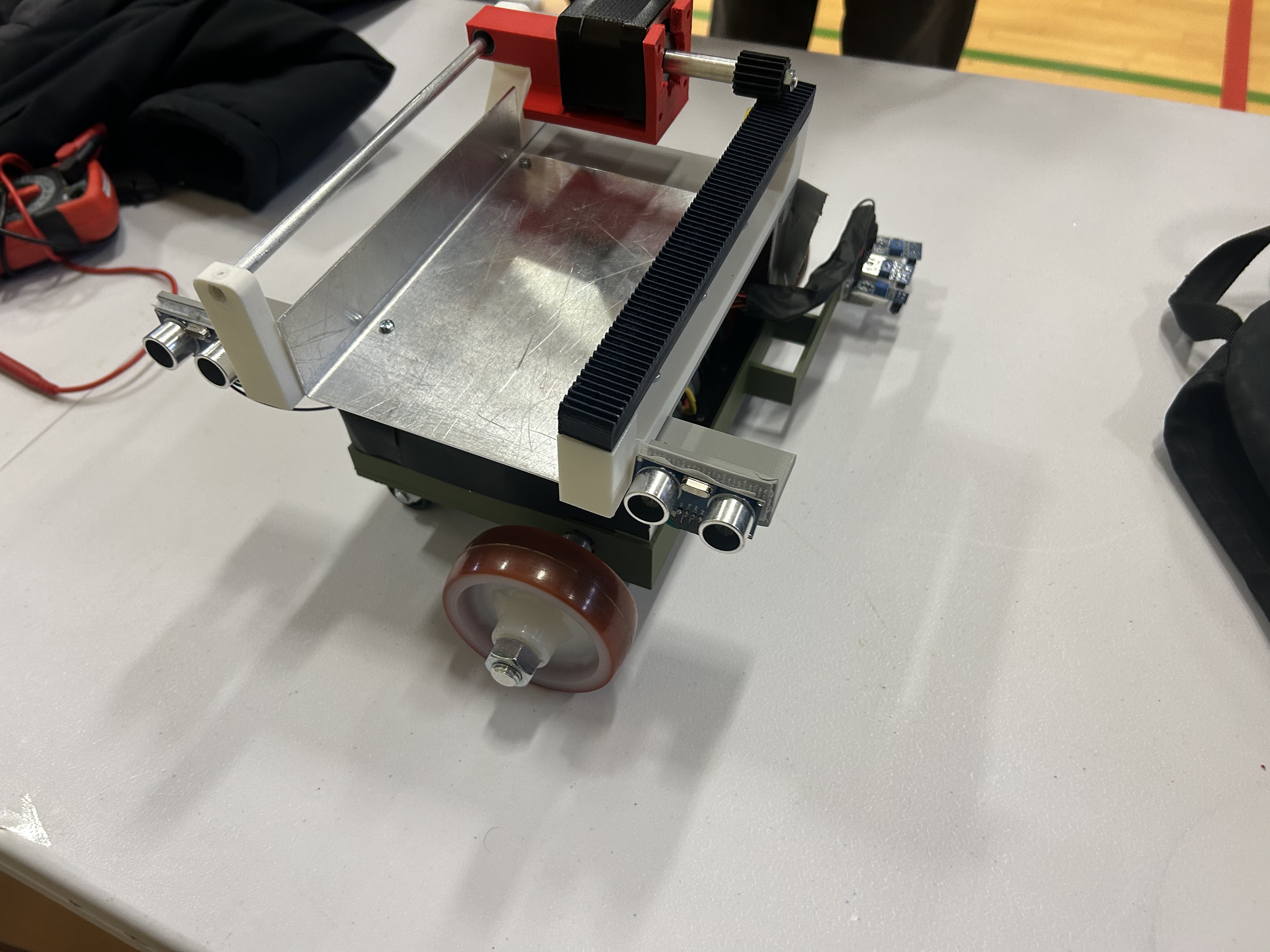 Final robot photographed from the front showing the assembled platform