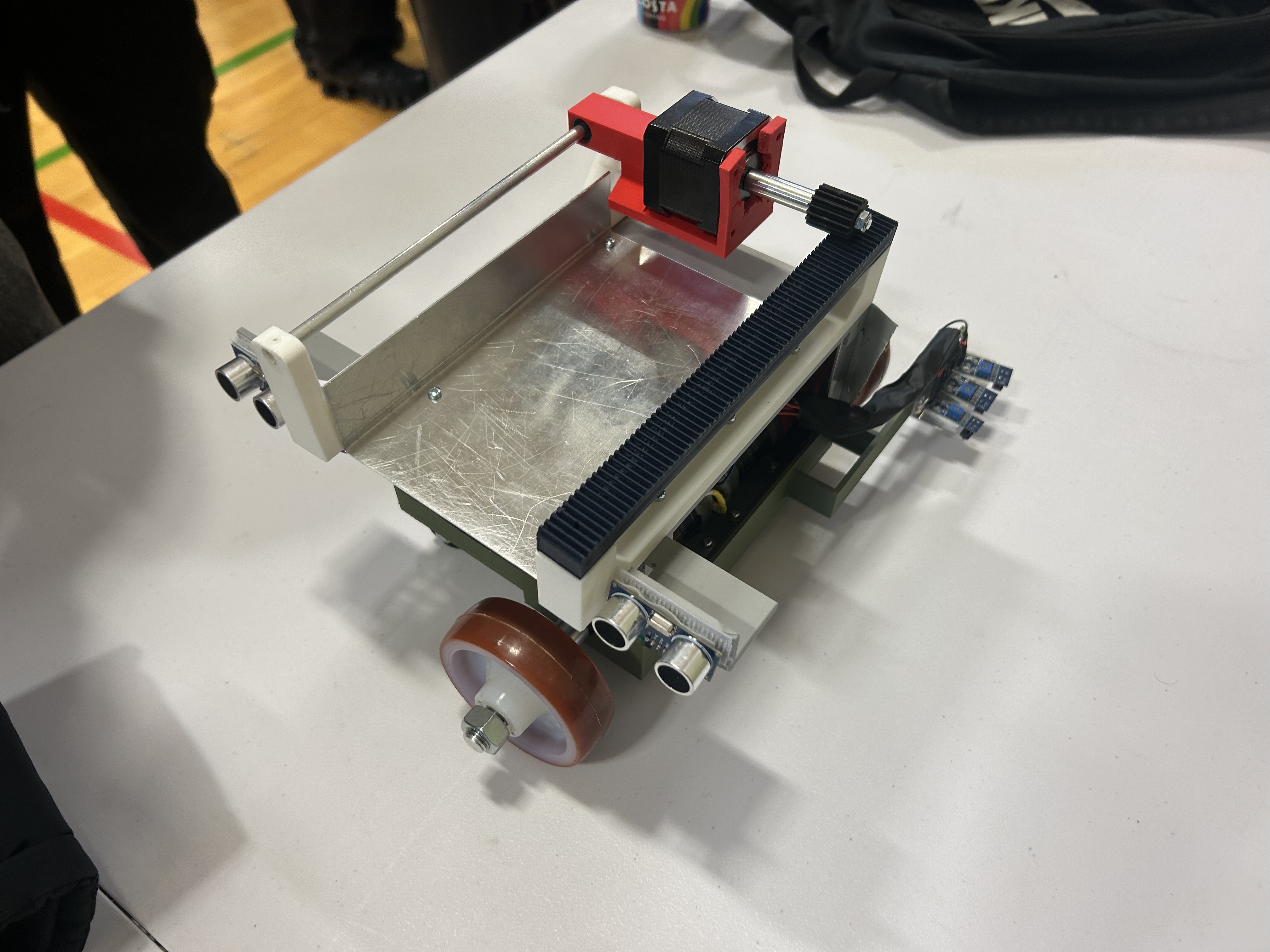 Actual assembled surgical-instrument carrier robot prototype, photographed during the university project