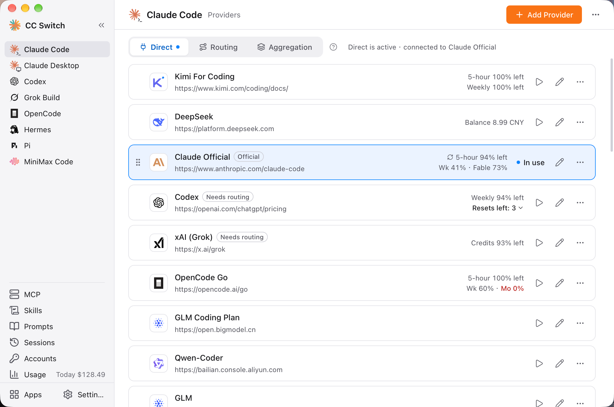 Main interface: sidebar, Direct / Routing / Aggregation tabs, and provider cards