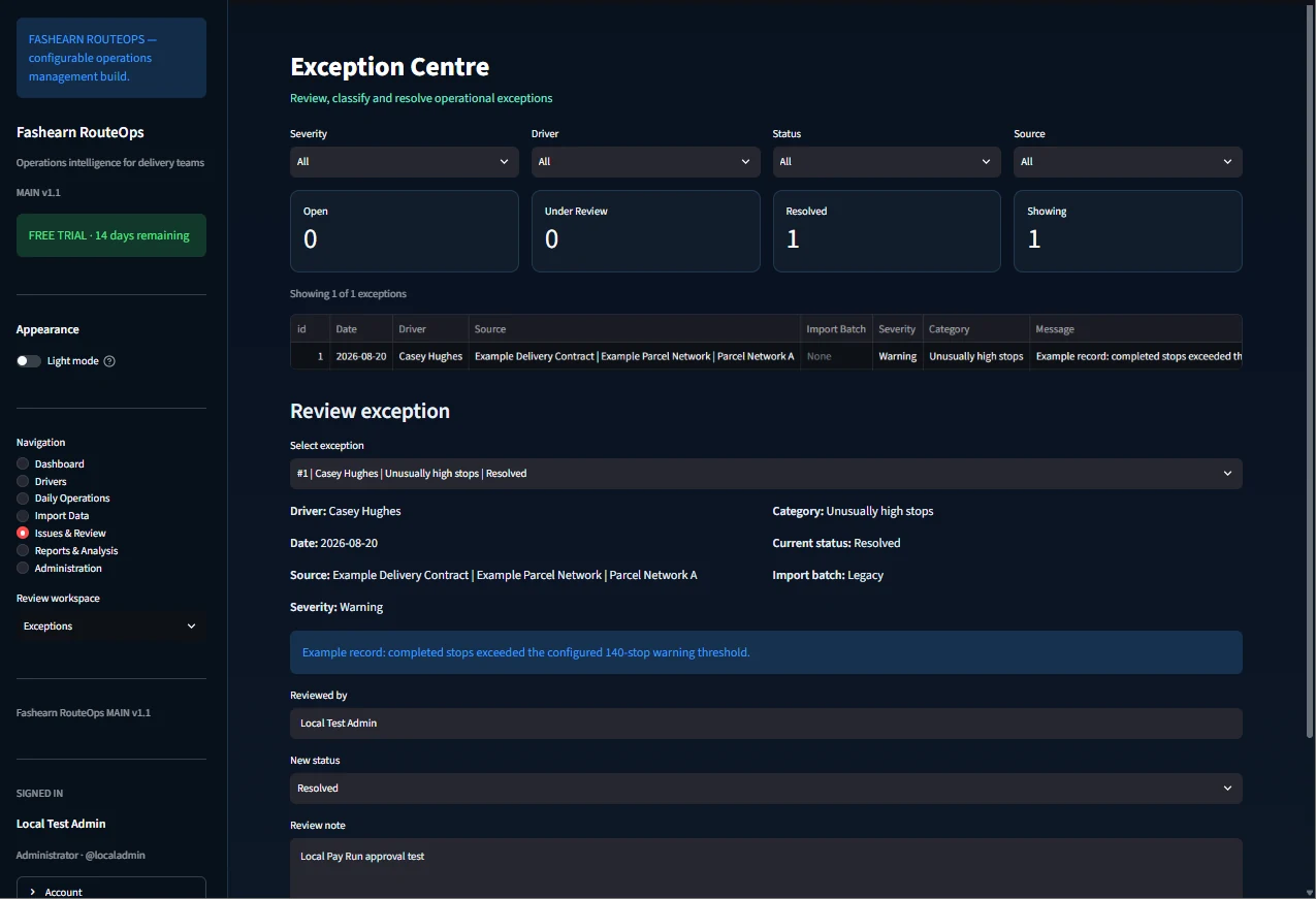 RouteOps Core v1.1 Exception Centre