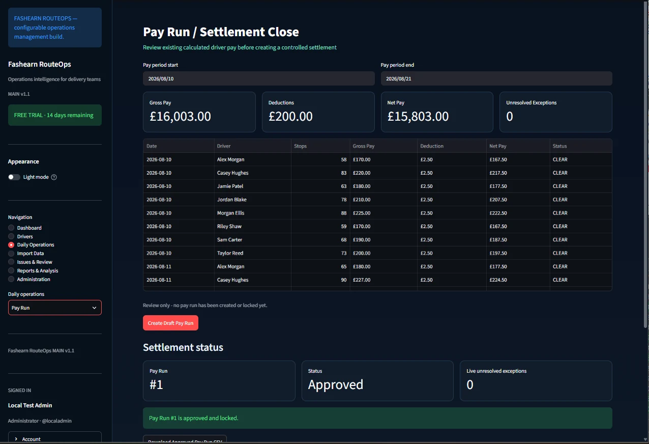 RouteOps Core v1.1 Pay Run and Settlement Close