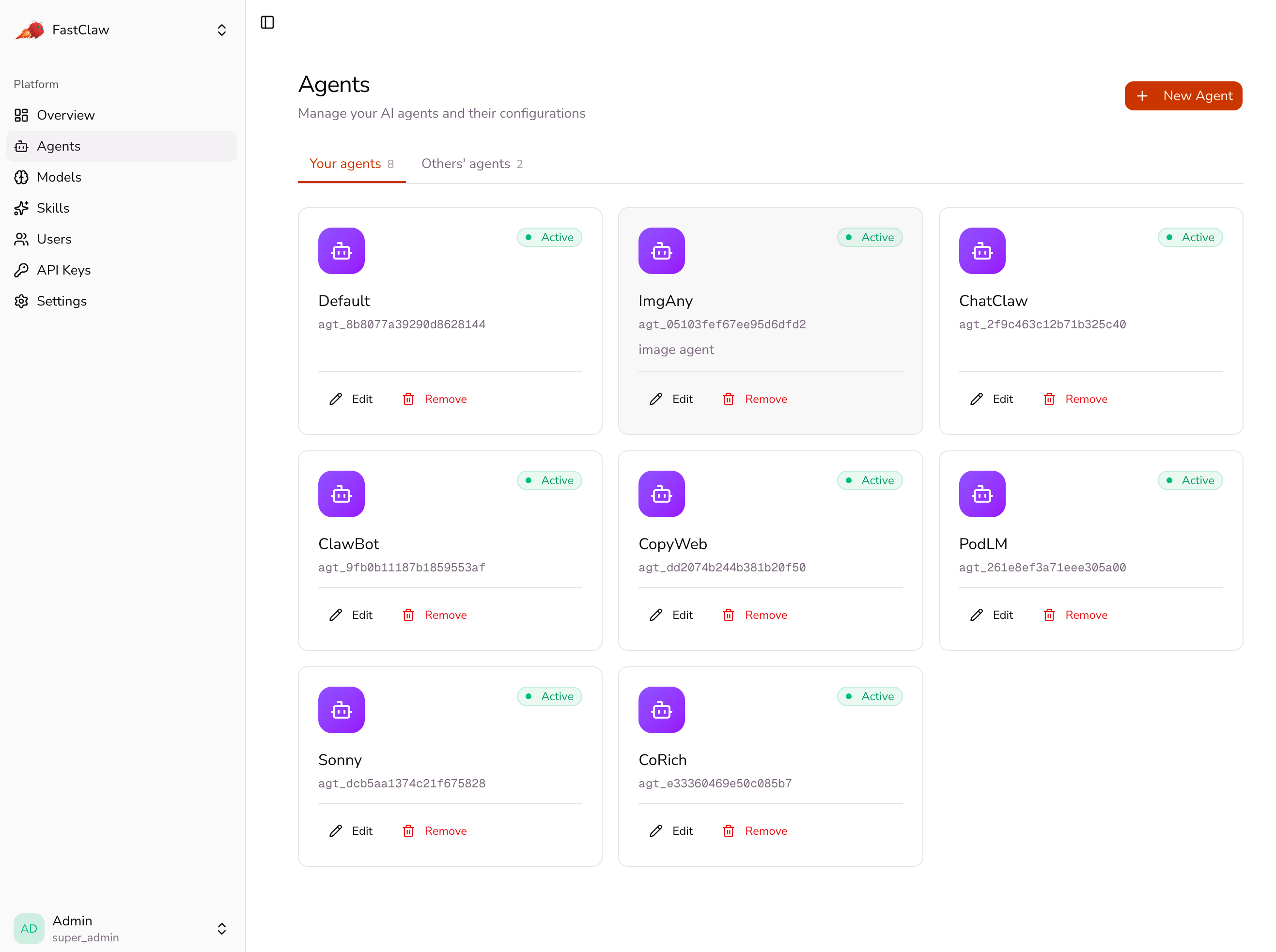 FastClaw admin dashboard
