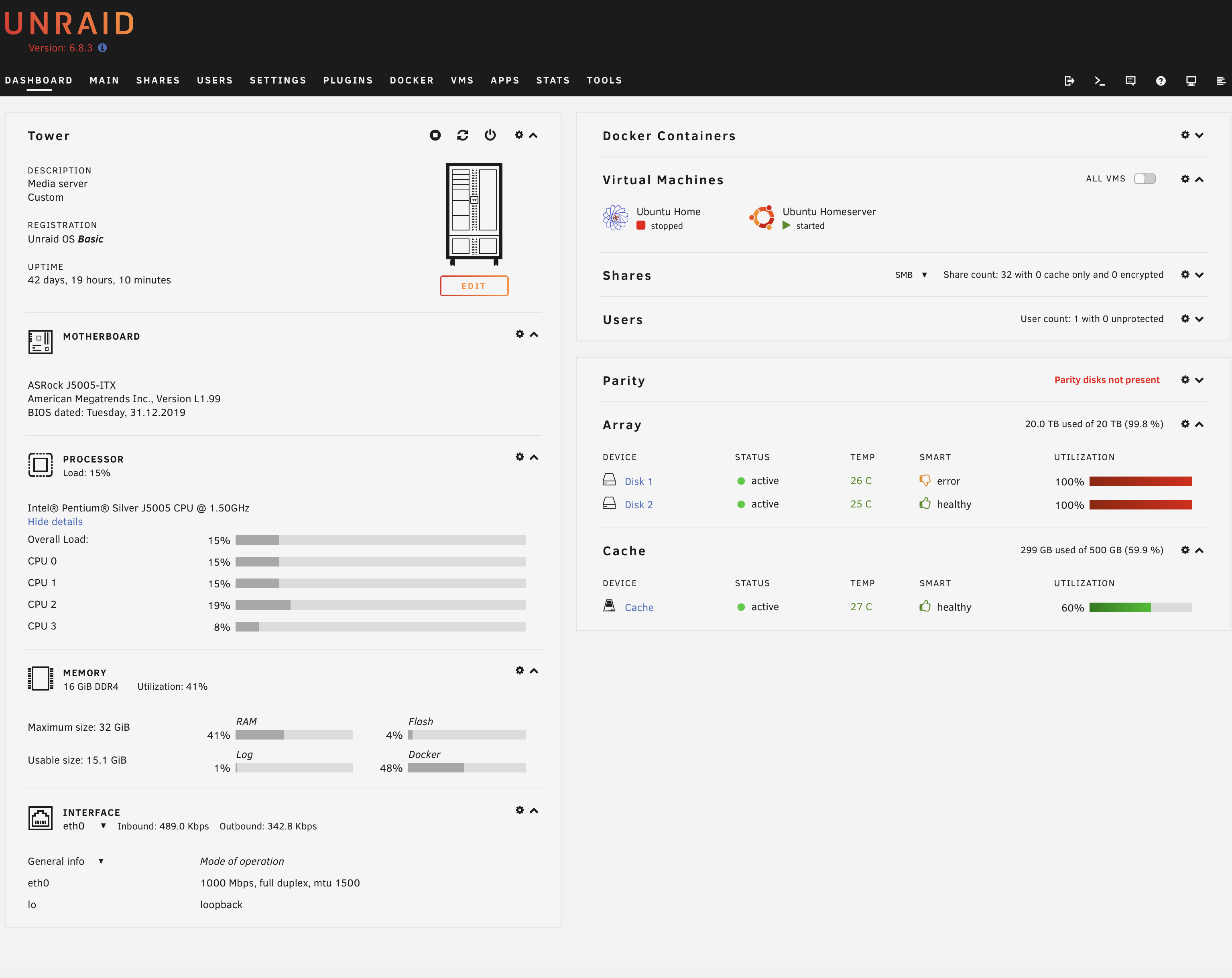 unRAID - Dashboard