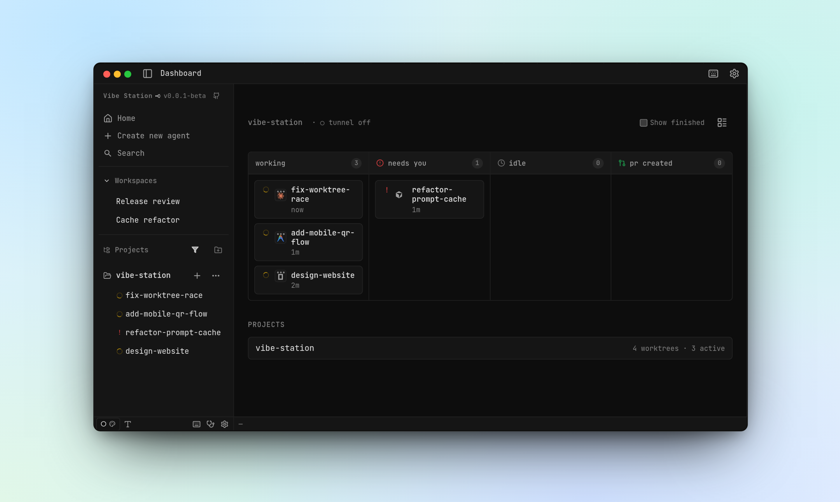 vibe-station dashboard — every agent across every project on one board