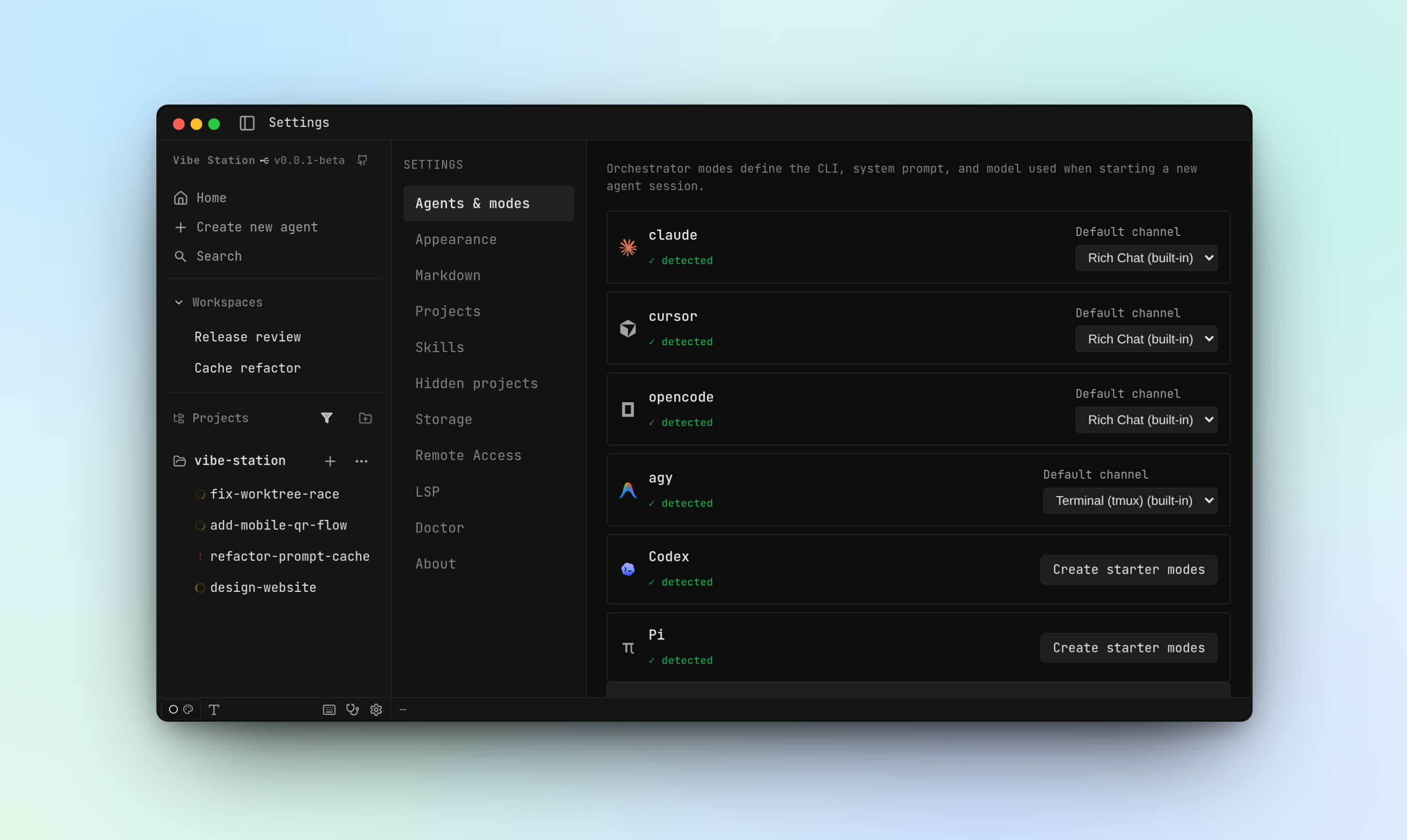 Agents and modes settings — Claude, Cursor, OpenCode and agy detected