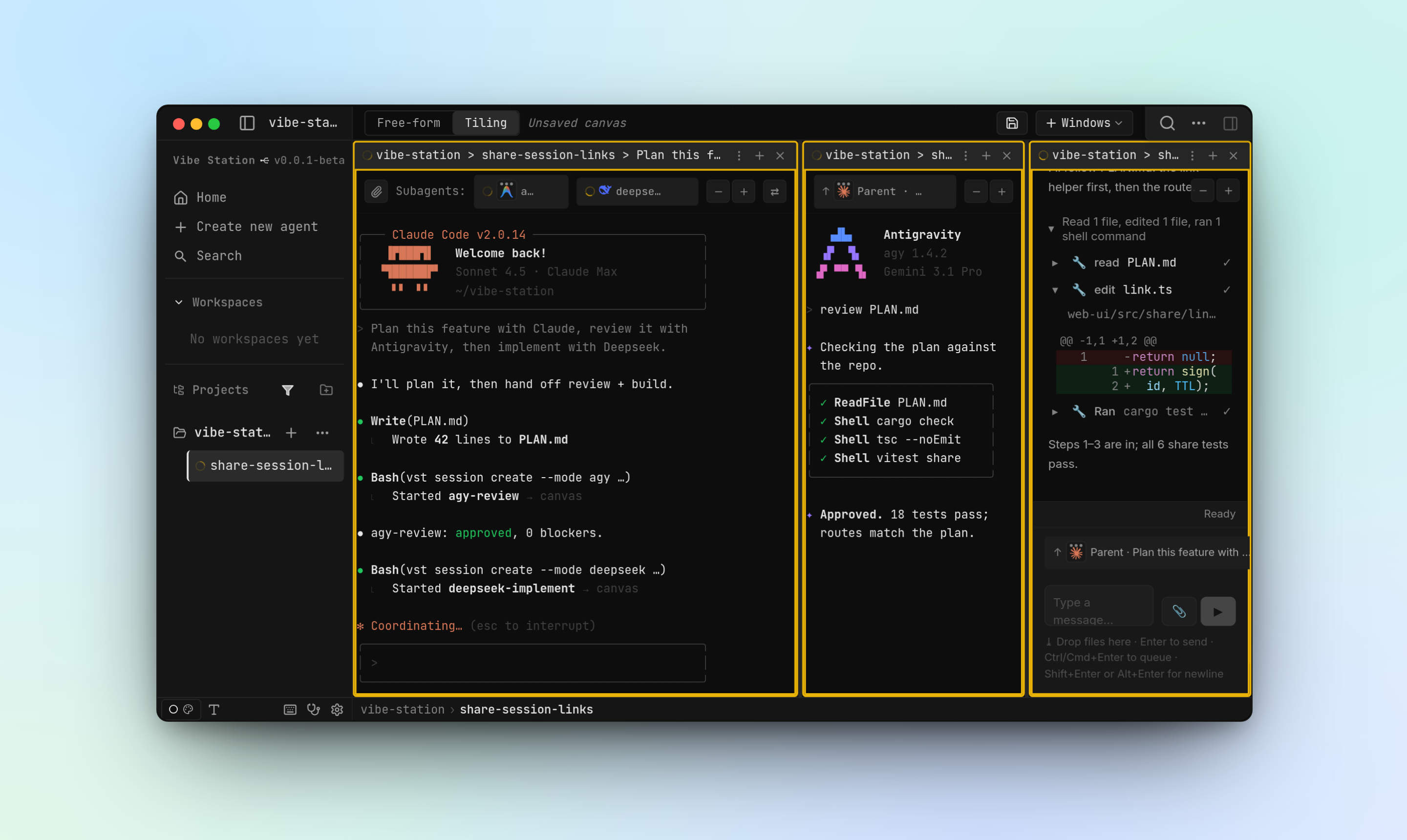 Canvas with a Claude planner, an Antigravity reviewer and a Deepseek implementer