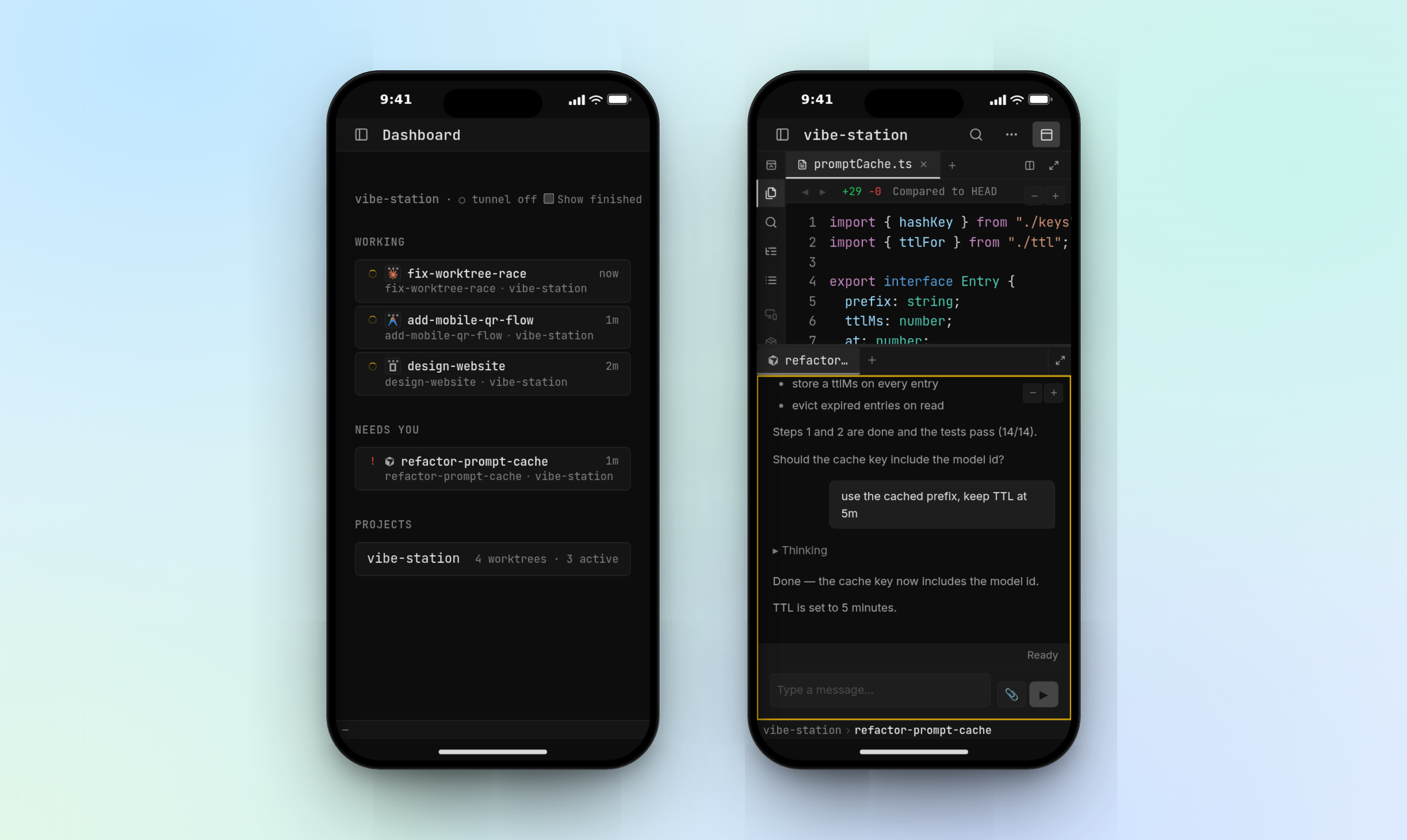 The same agents on a phone — dashboard list and a Rich Chat session