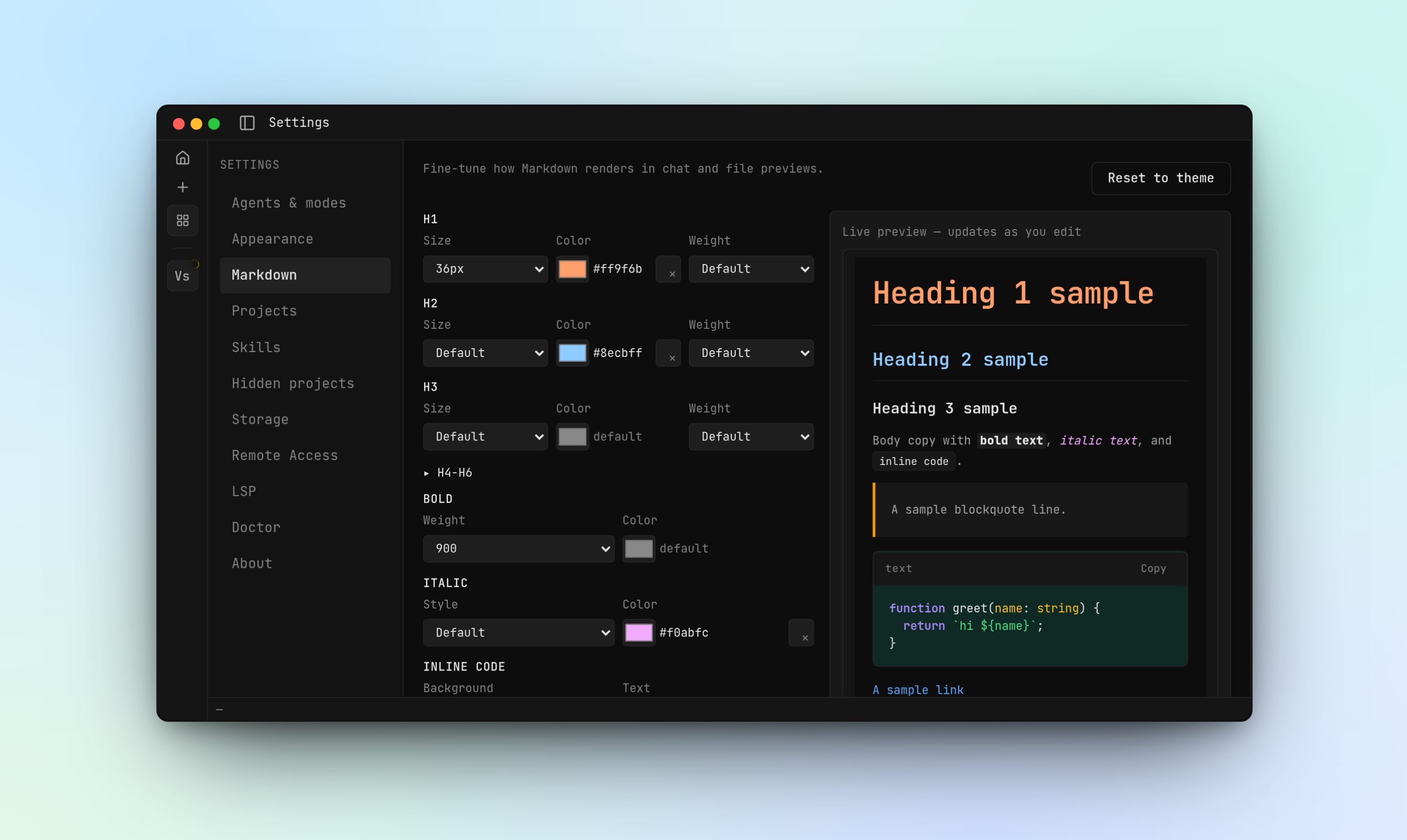 Markdown customization with live preview
