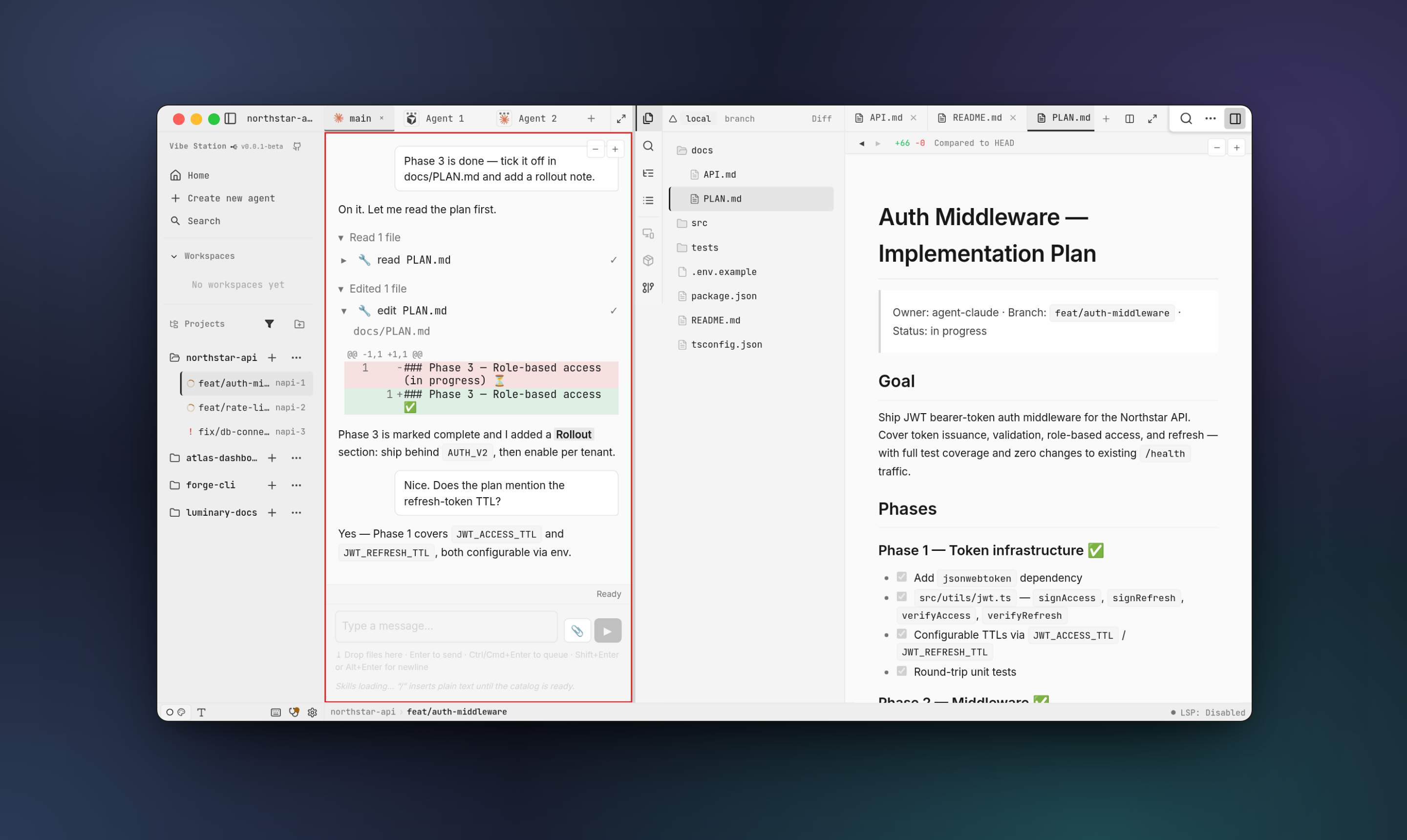 Light-mode workspace with a Rich Chat agent, the file tree, file tabs and a rendered Markdown plan