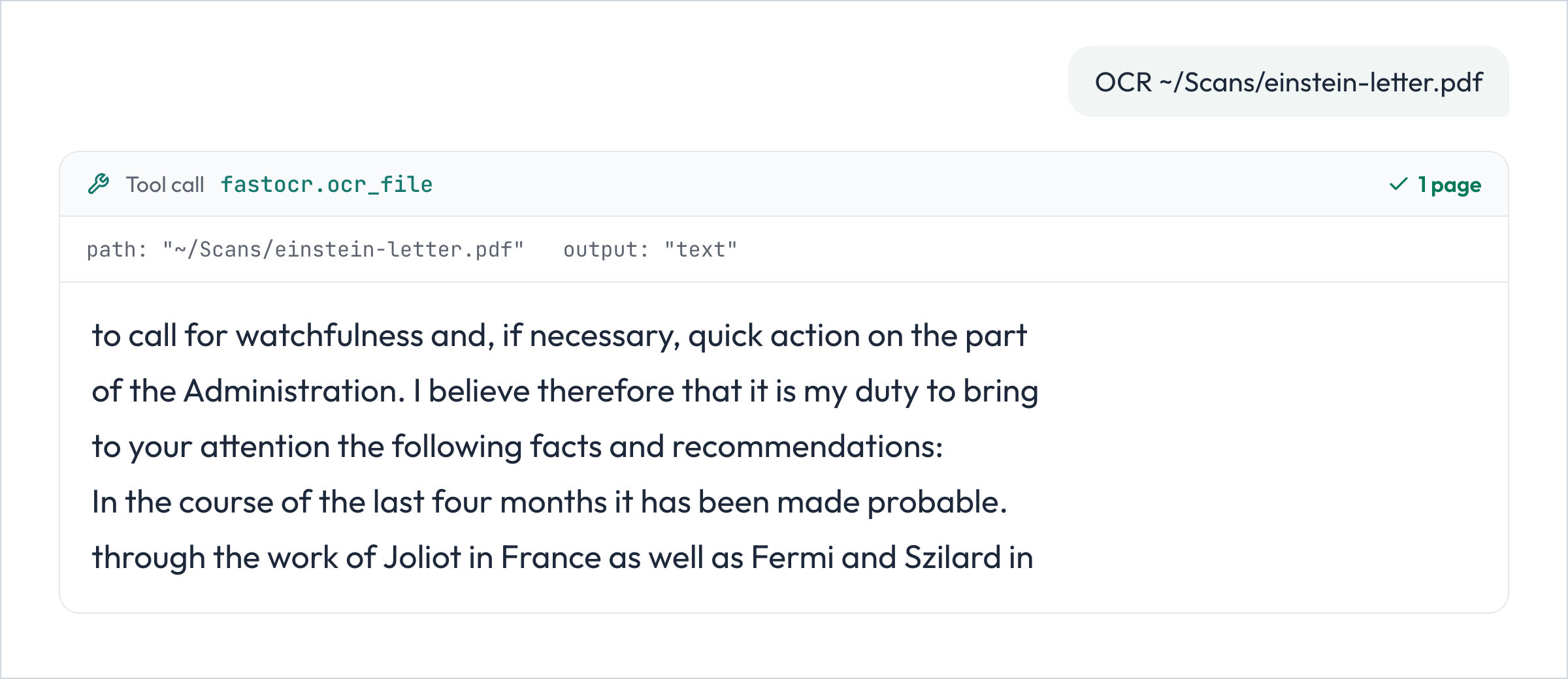 An MCP client calls ocr_file on a scanned letter and gets back its text