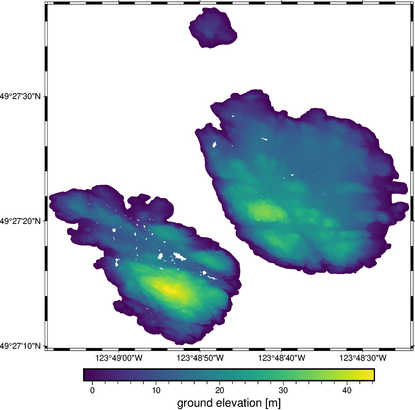 Lidar point cloud of ground elevation of the Trail Islands.