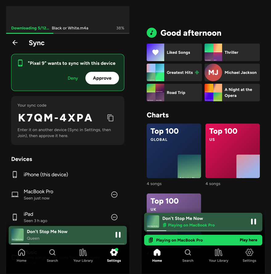 The Sync screen and another device playing