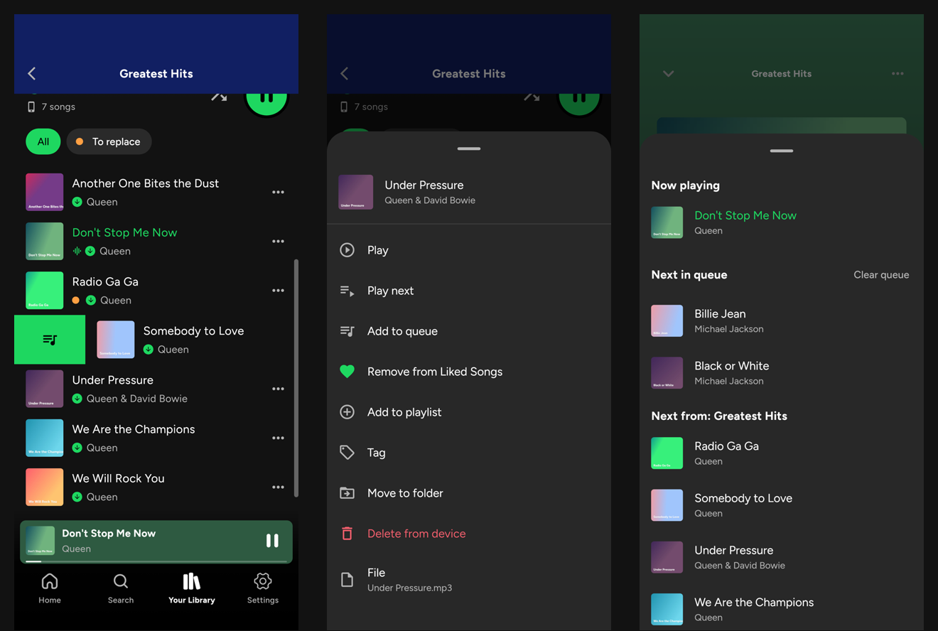 Swipe a song into the queue, the song menu, and the queue