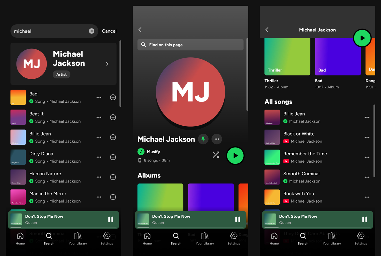 Search, an artist page and its songs