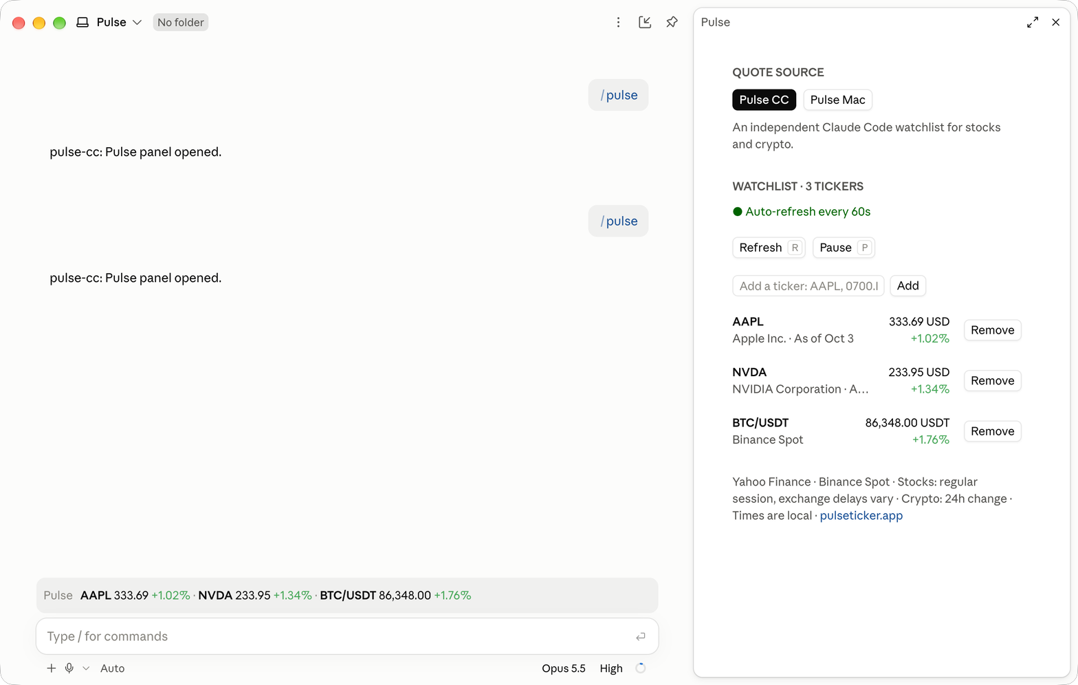 Claude Desktop with Pulse CC prices above the prompt and the panel beside the chat