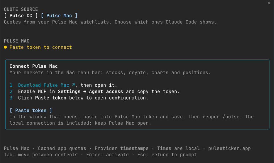 Pulse CC first-connection card in the terminal, with the Mac download link and Paste token button