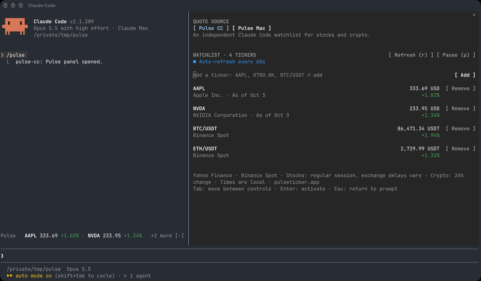 Pulse CC panel docked beside a Claude Code terminal session, with two stocks and two crypto pairs