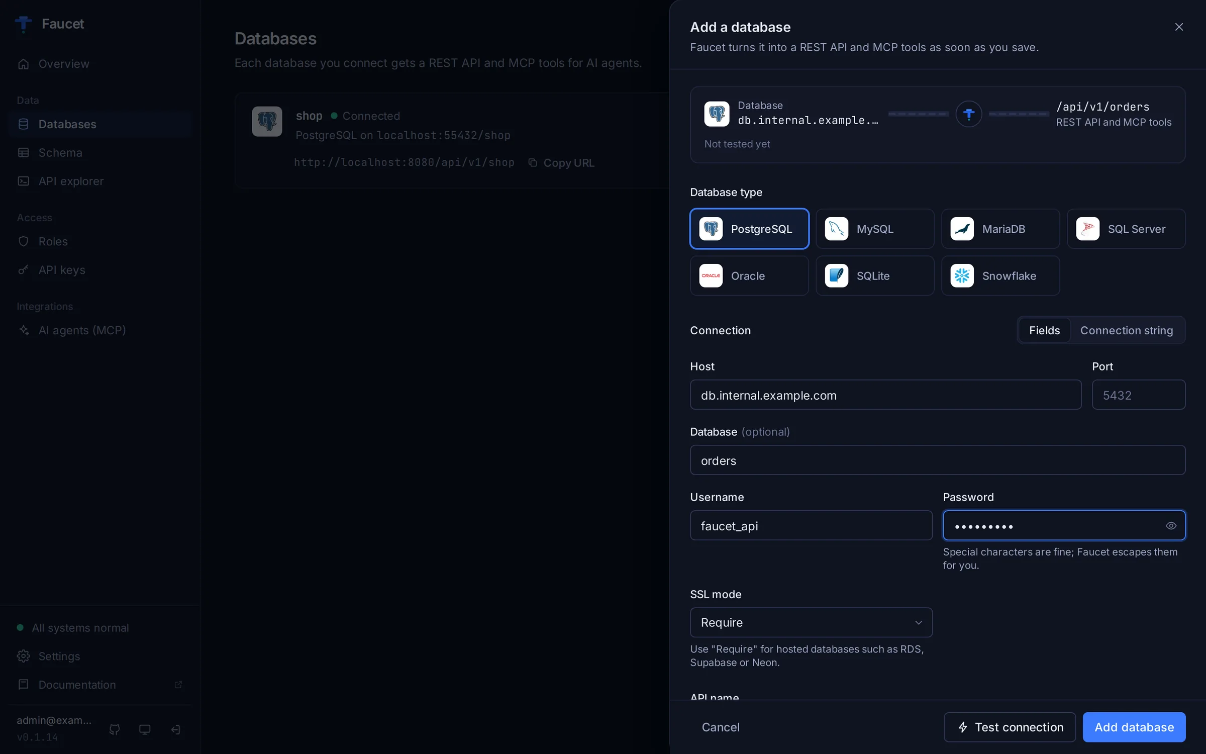 Adding a PostgreSQL database in the Faucet admin UI with host, port, user and password fields