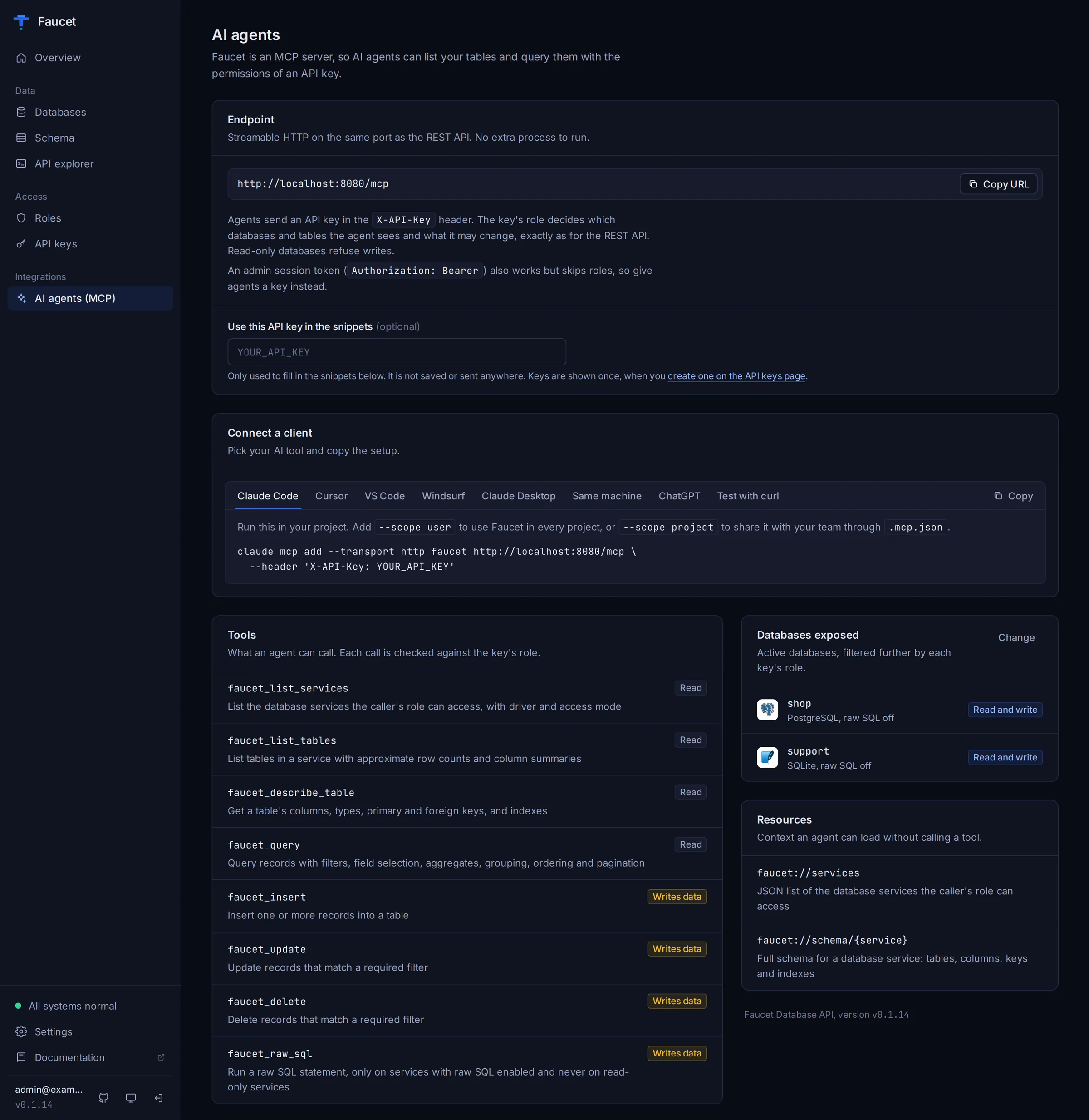 Faucet AI agents page with ready-made MCP configs for Claude Code, Cursor, VS Code and more