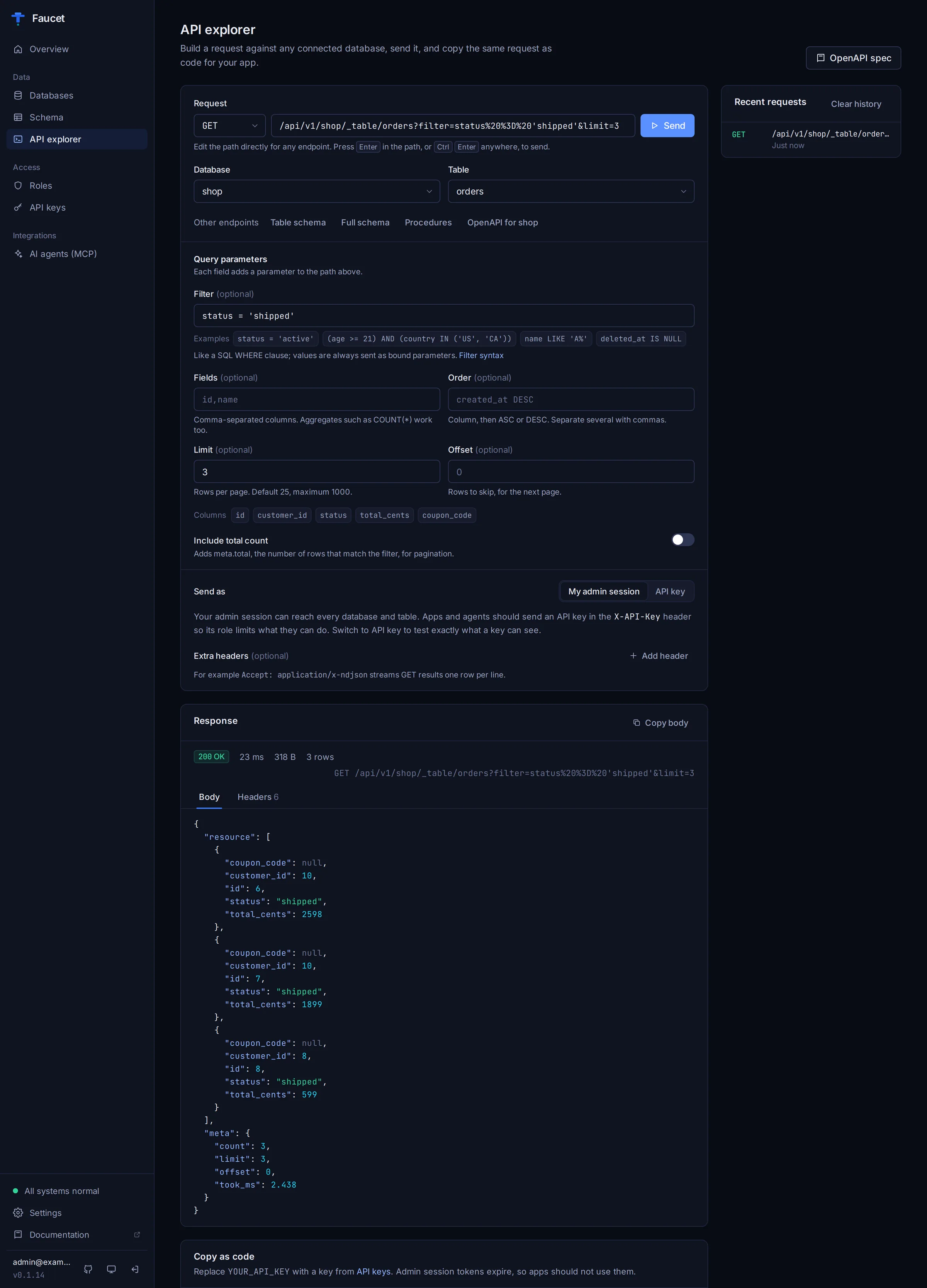 Faucet API explorer with a filtered query, JSON response and copy-as-curl