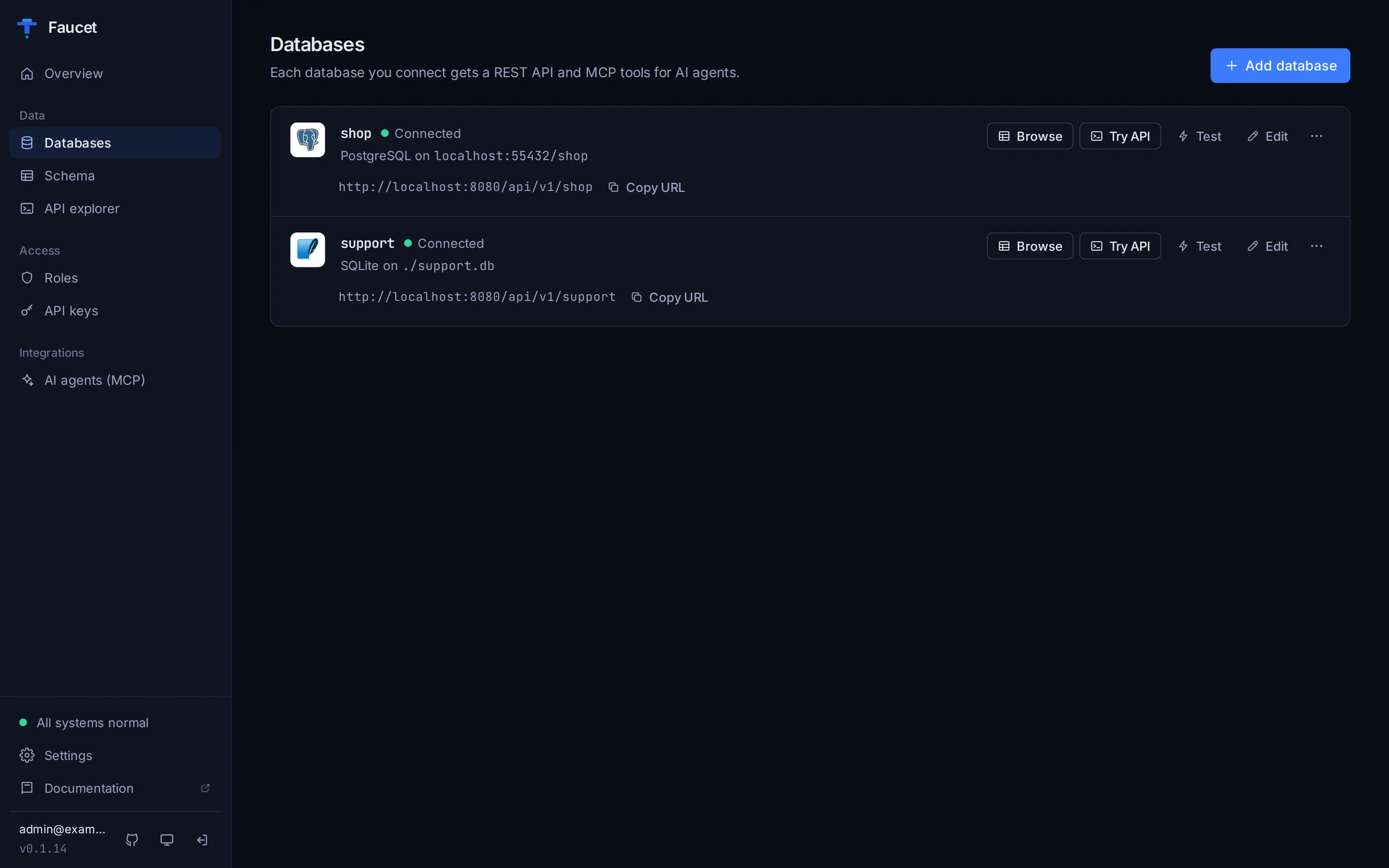 Faucet admin UI listing connected PostgreSQL and SQLite databases