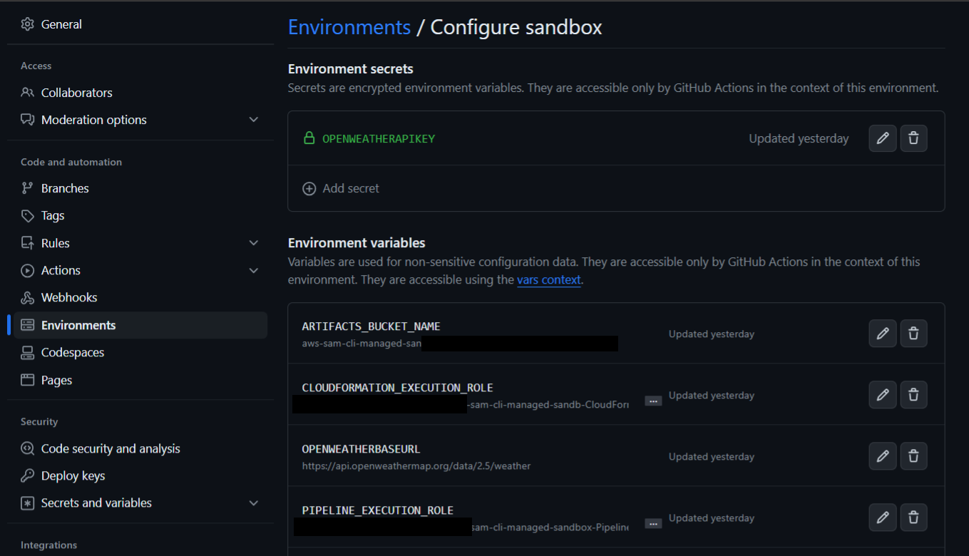 GitHub Environment Configuration