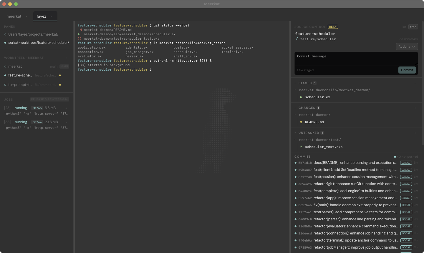 Meerkat.app: a terminal tab open in a git worktree, the sidebar listing panes, worktrees and background jobs with their ports, and the source control panel showing staged, changed and untracked files plus unpushed commits