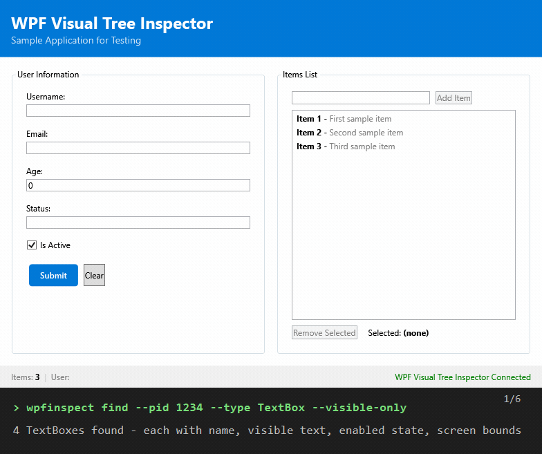 Demo: an AI agent drives a WPF app and finds a binding bug