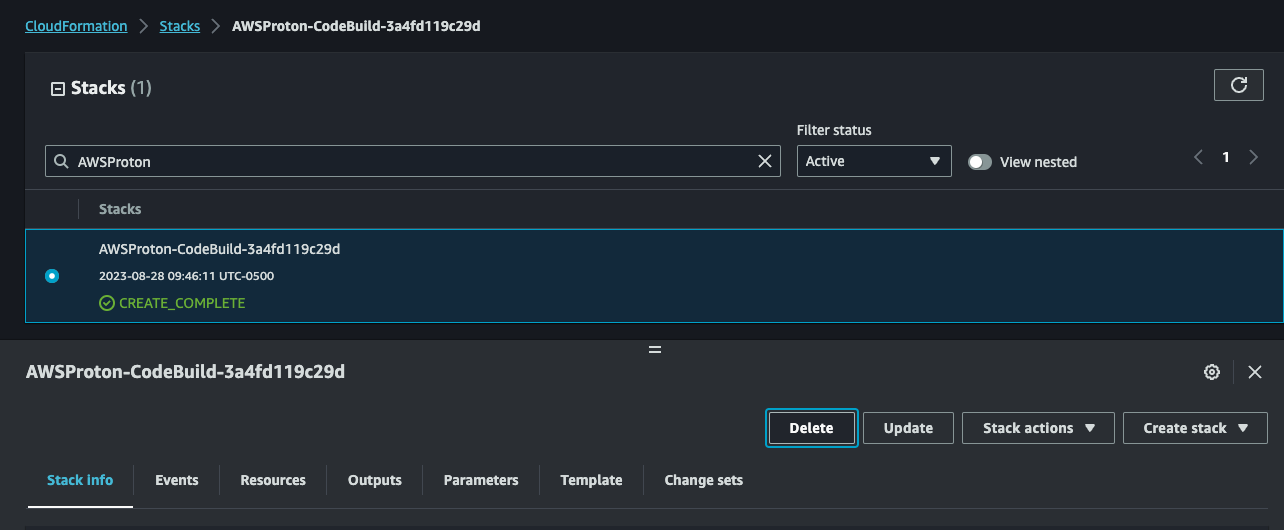 Delete Proton CodeBuild CFN