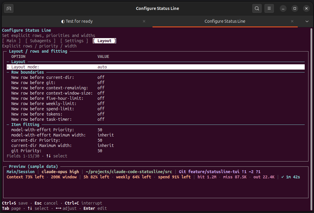 Layout configuration page of Linux external TUI