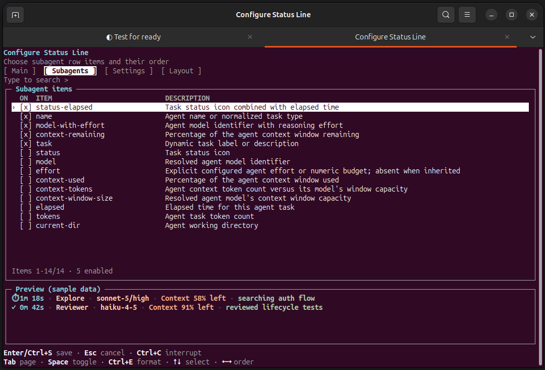 Subagents configuration page for Linux external TUI