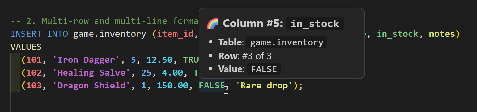 Hover popup showing column details