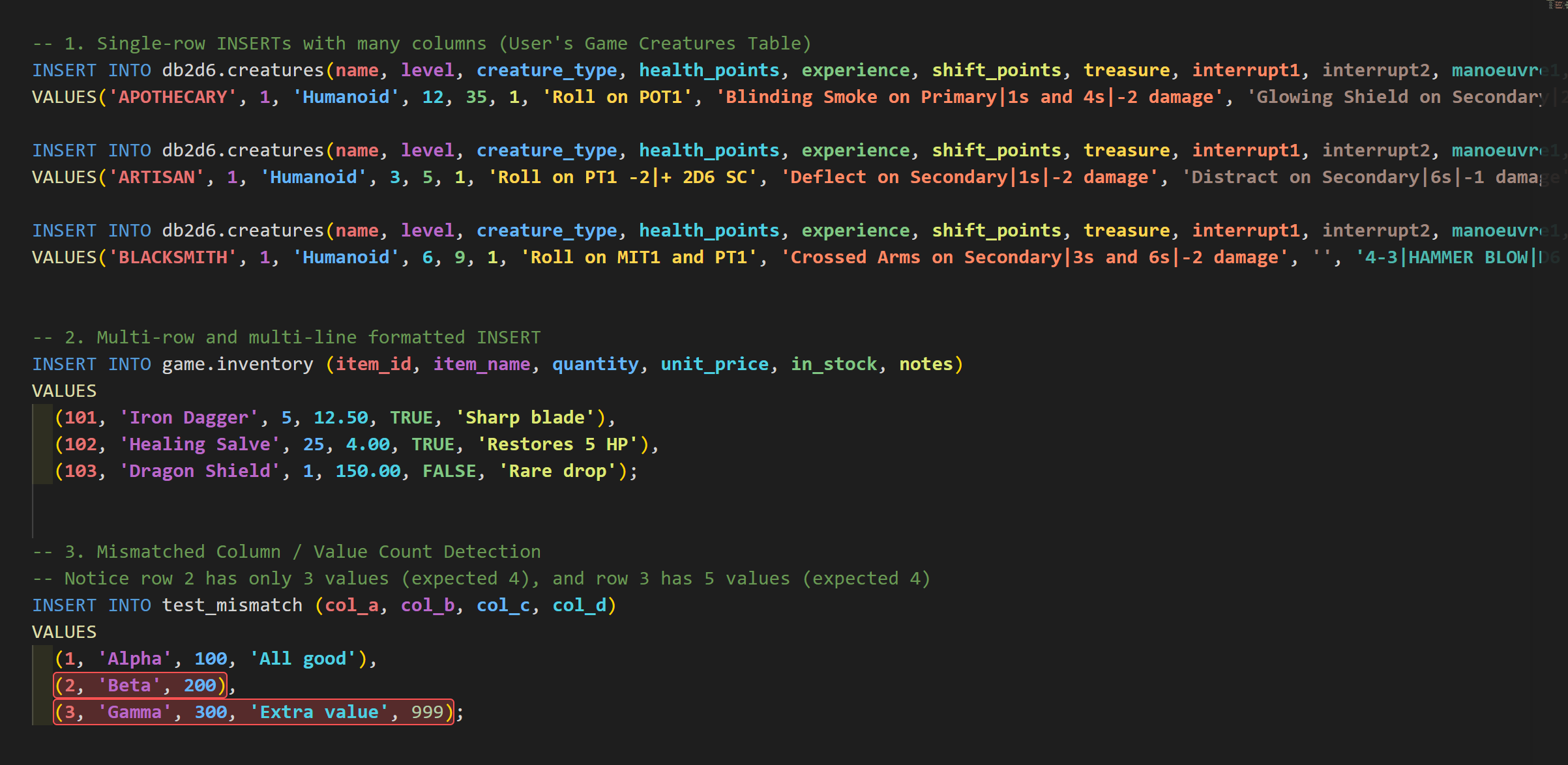 Rainbow SQL highlighting INSERT statements in VS Code