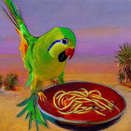 An impressionist painting of a parakeet eating spaghetti in the desert 1