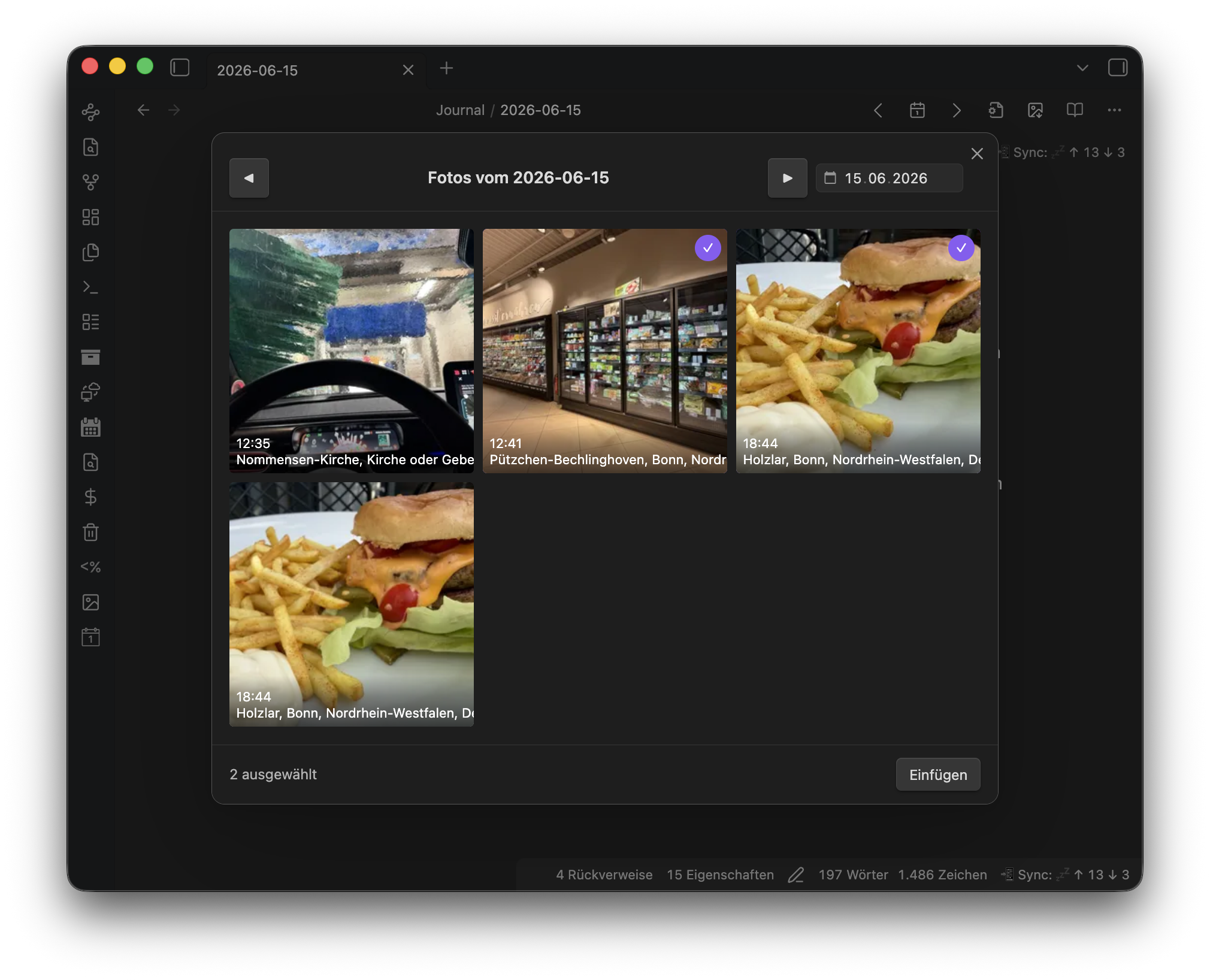 Photo picker modal on desktop: grid of the day's photos with multi-select