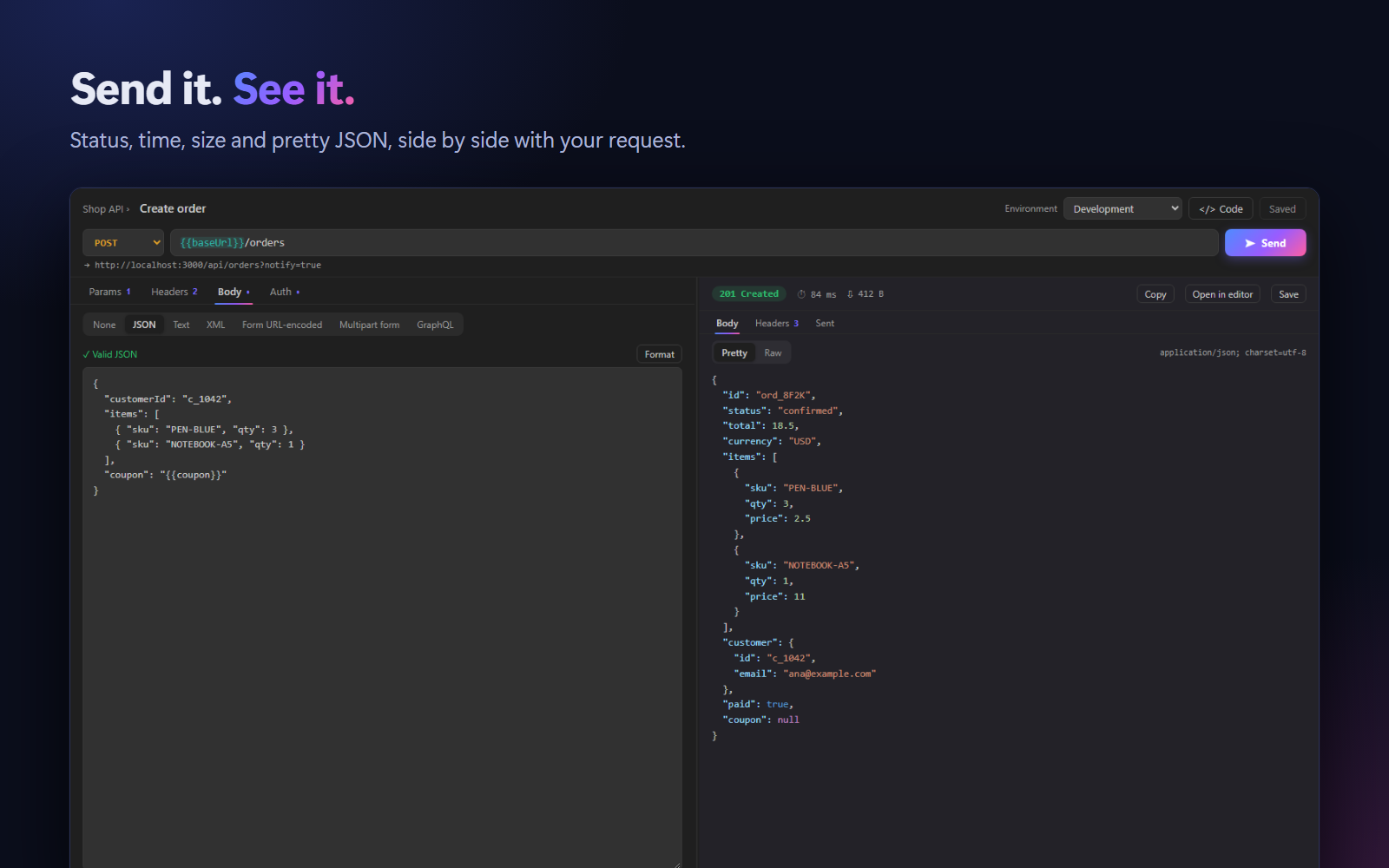The request editor with method, URL, Params, Headers, Body and Auth tabs, next to the response with status 201 Created, 84 ms, 412 B and pretty JSON