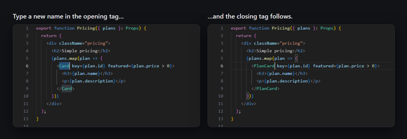 Before and after in VS Code: typing PlanCard over Card in the opening tag of a React component, and the closing tag becomes PlanCard too