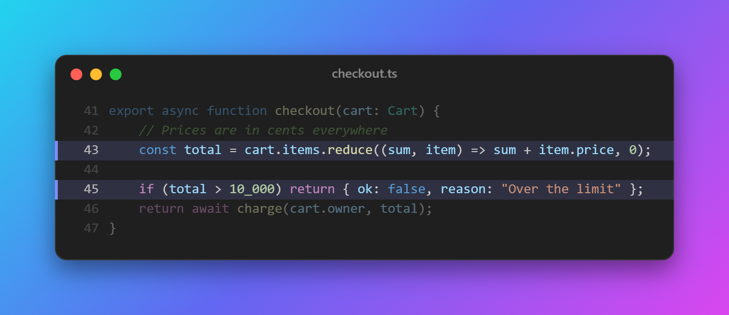 A TypeScript snippet as an image: a macOS-style window on a cyan-to-purple gradient, line numbers 41 to 47, and two highlighted lines