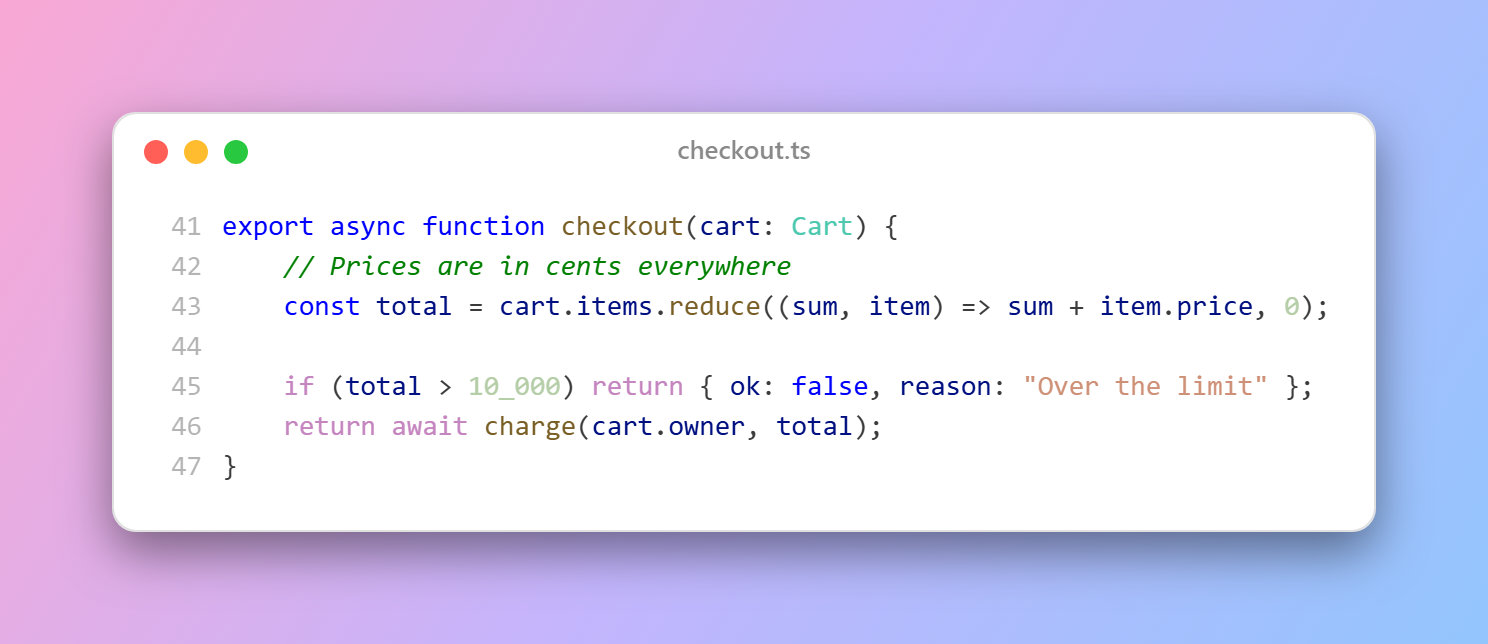 The same snippet from a light theme, in a white window on a soft pink-to-blue gradient