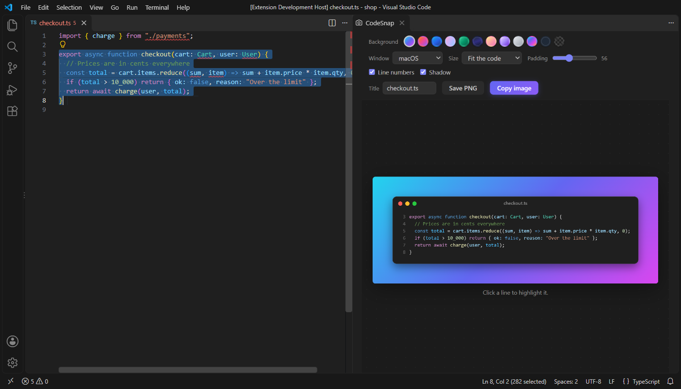 VS Code with code selected on the left and the CodeSnap panel on the right, with backgrounds, window and size choices, and the snap