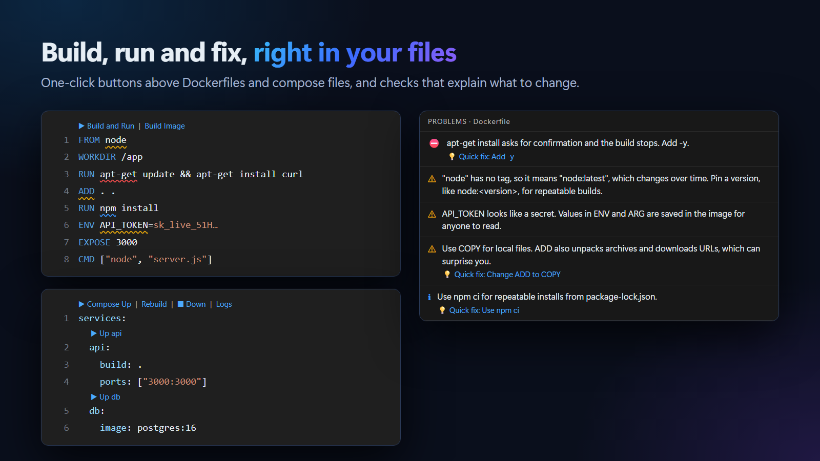 A Dockerfile with Build and Run buttons above it and wavy underlines on mistakes, a compose file with Compose Up, Rebuild, Down and Logs buttons and Up buttons for each service, and the Problems list with quick fixes