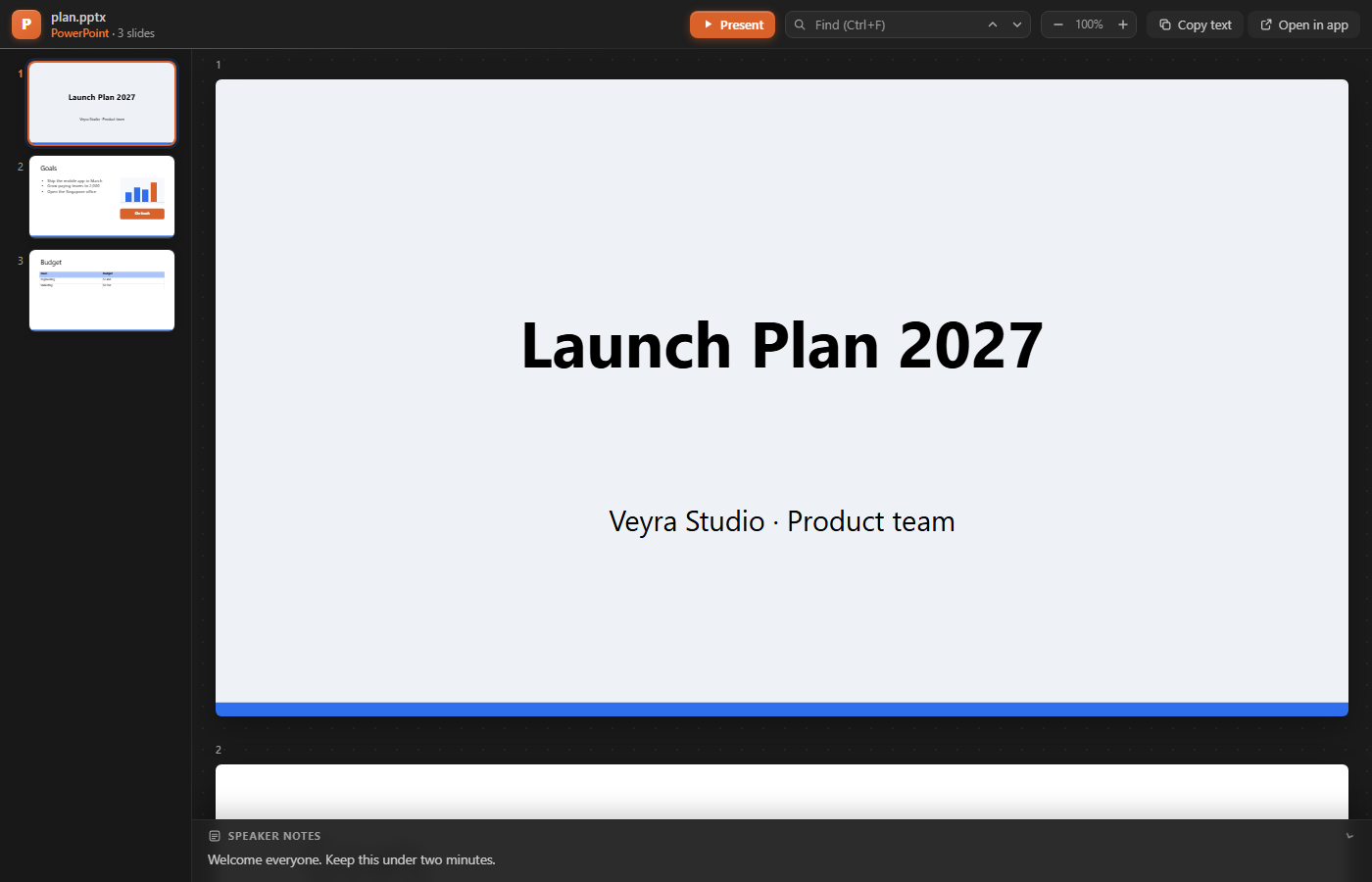 A PowerPoint deck open in VS Code: slide thumbnails on the left, the title slide, and the speaker notes underneath