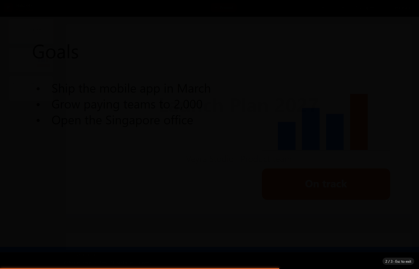 Present mode: the Goals slide full screen, with bullets, a bar chart picture and a rounded On track label