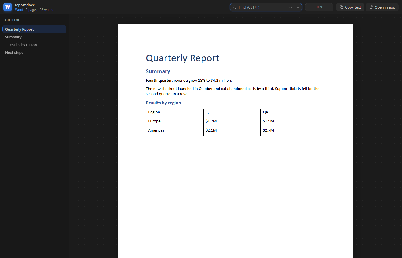 A Word report shown as a white page, with an outline of its headings on the left and the page and word count at the top